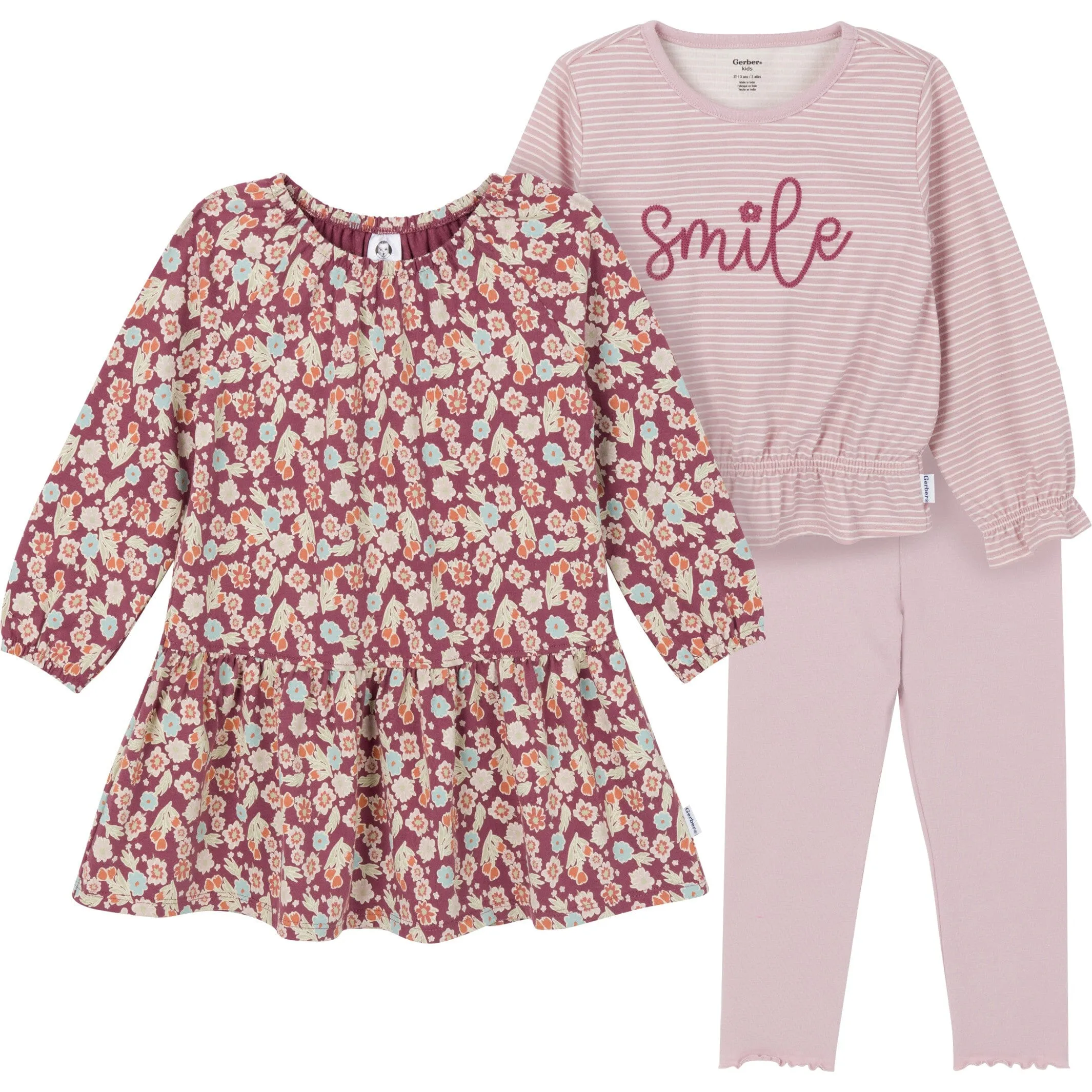 3-Piece Toddler Girls Pink Dress, Top and Legging Gerber Childrenswea