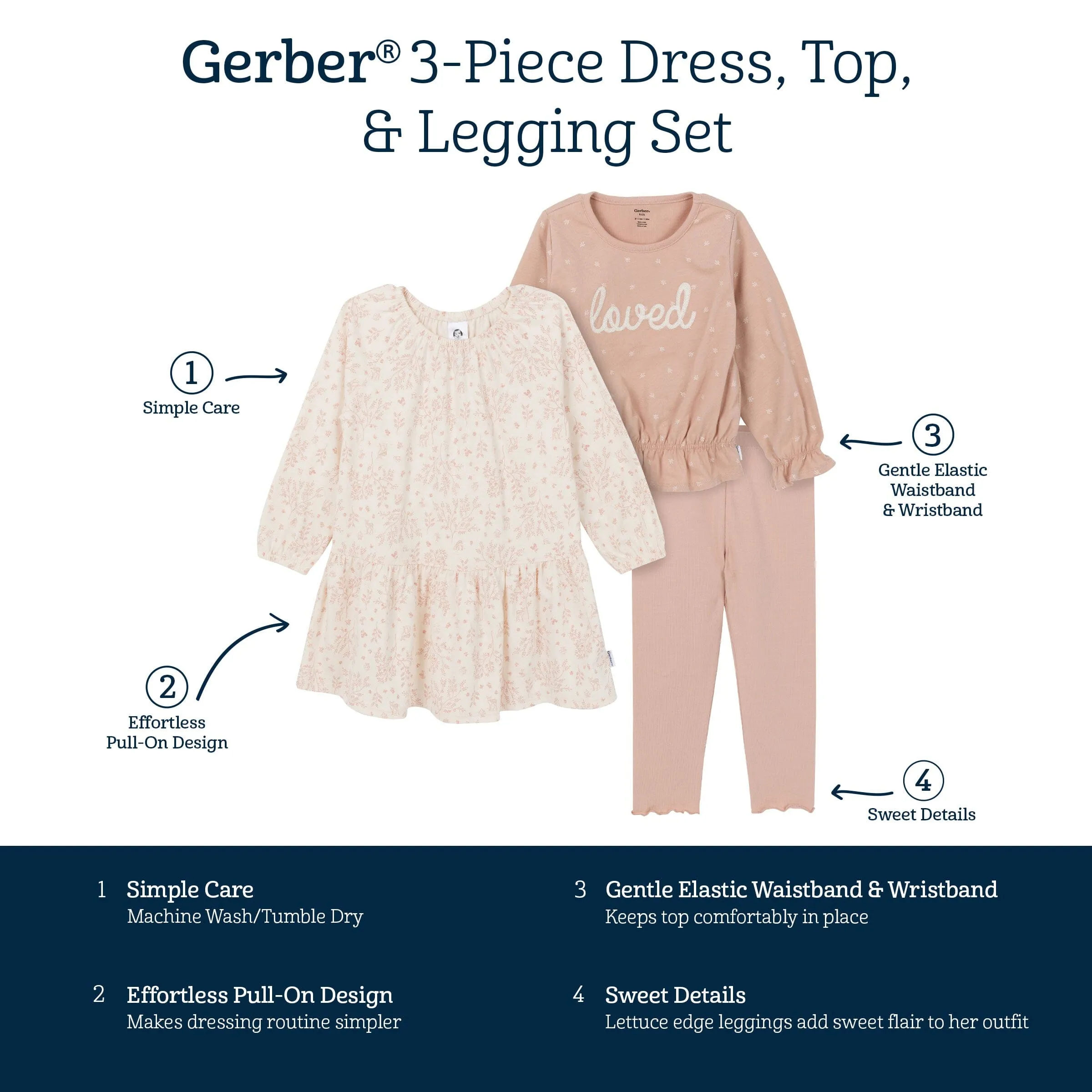 3-Piece Toddler Girls Tan Dress, Top and Legging Gerber Childrenswea