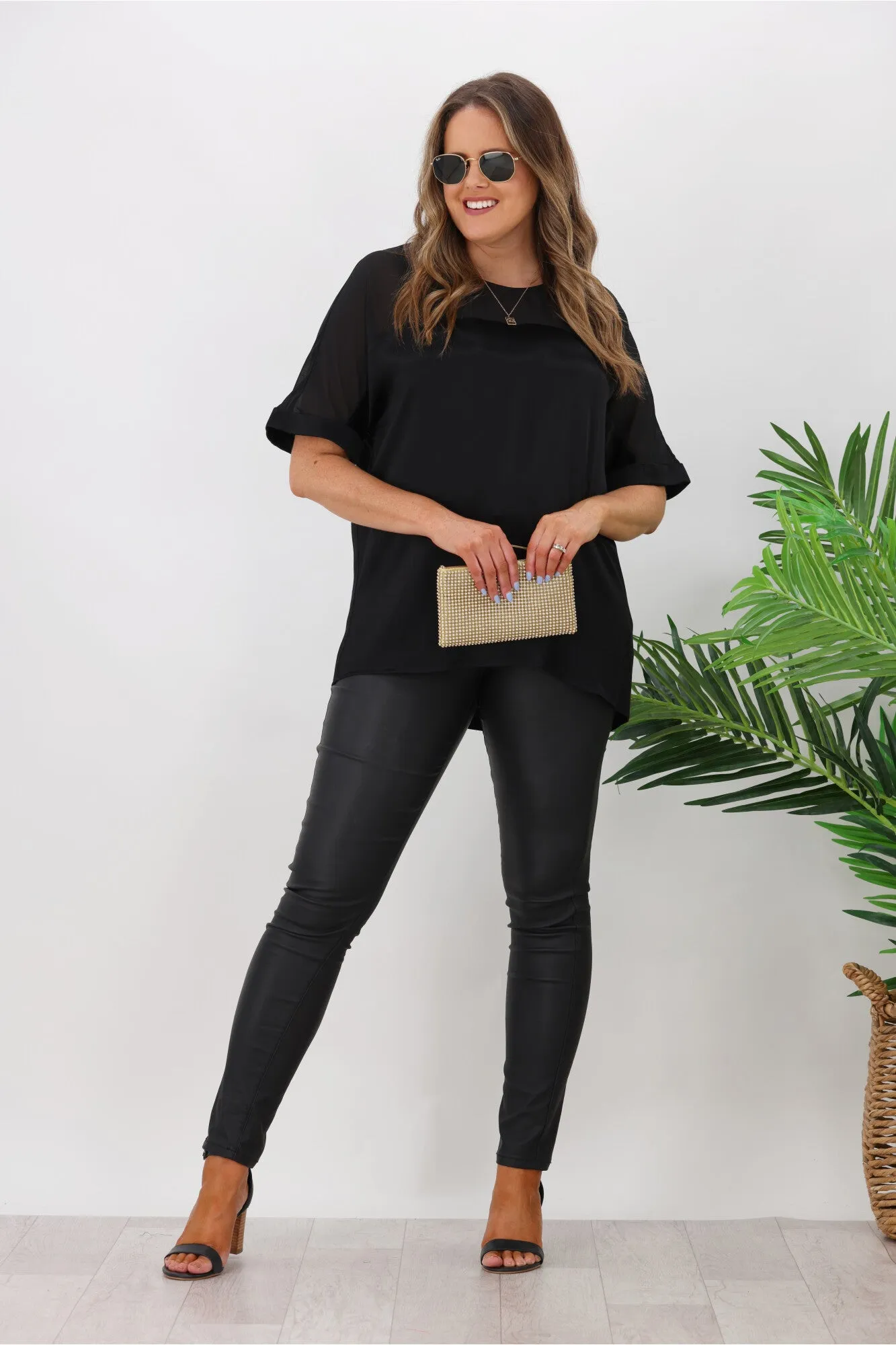 Jane James Tinsley Sheer Yoke Satin Top Black