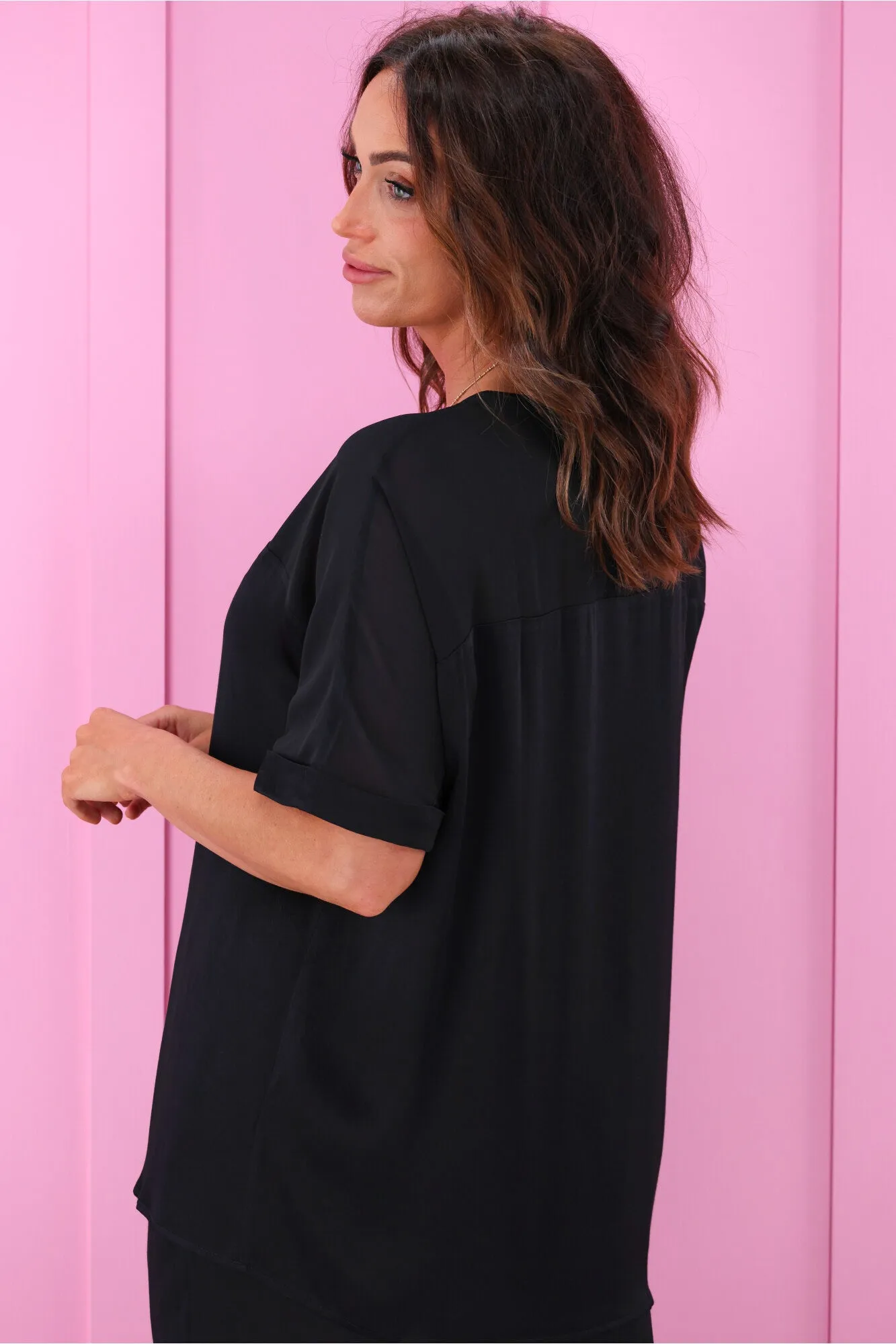 Jane James Tinsley Sheer Yoke Satin Top Black