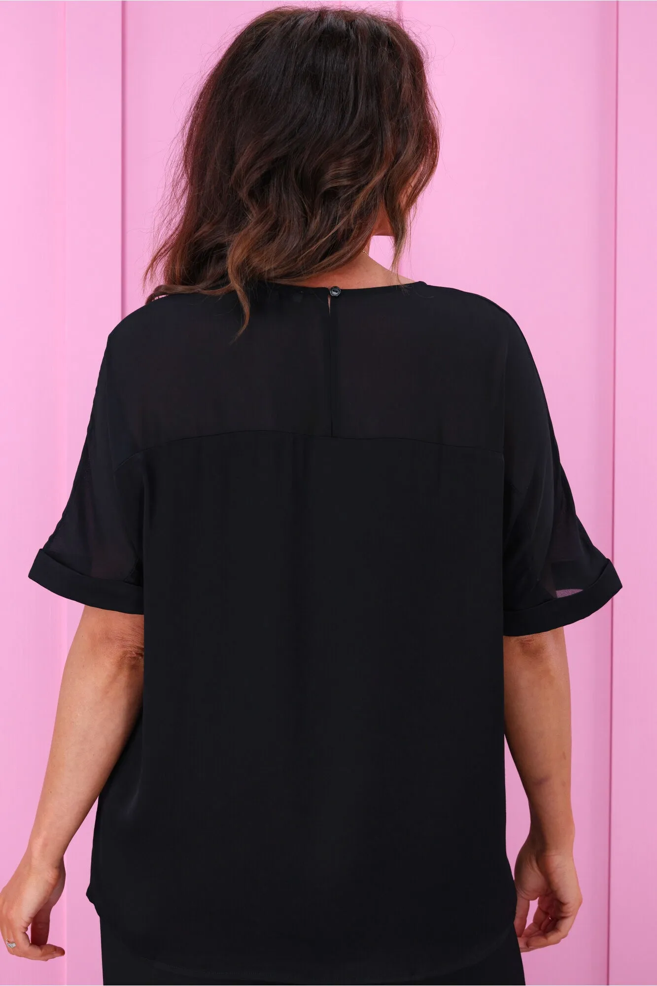 Jane James Tinsley Sheer Yoke Satin Top Black