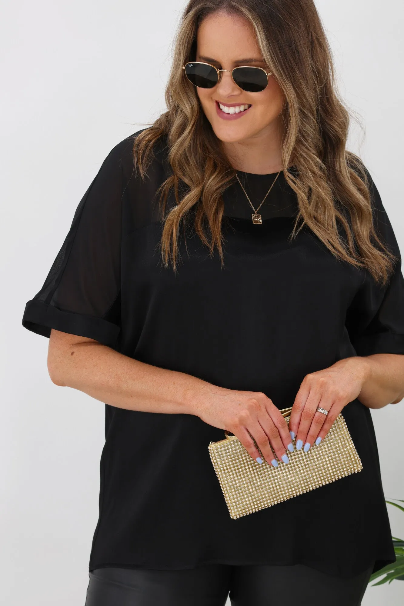 Jane James Tinsley Sheer Yoke Satin Top Black
