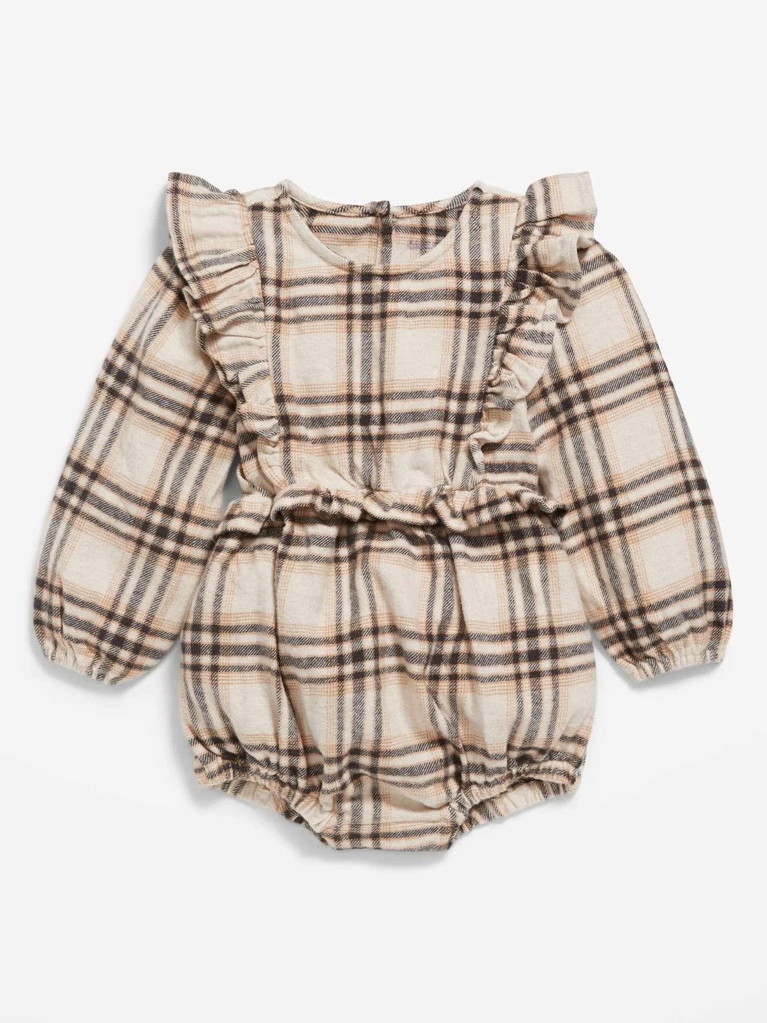 Long-Sleeve Ruffle-Trim Plaid One-Piece Romper For Baby