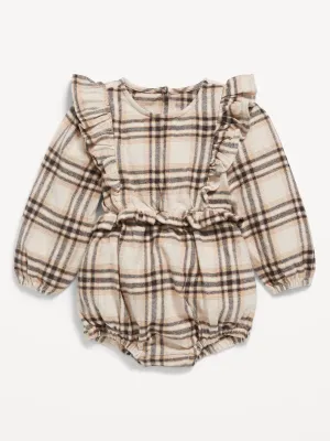 Long-Sleeve Ruffle-Trim Plaid One-Piece Romper For Baby