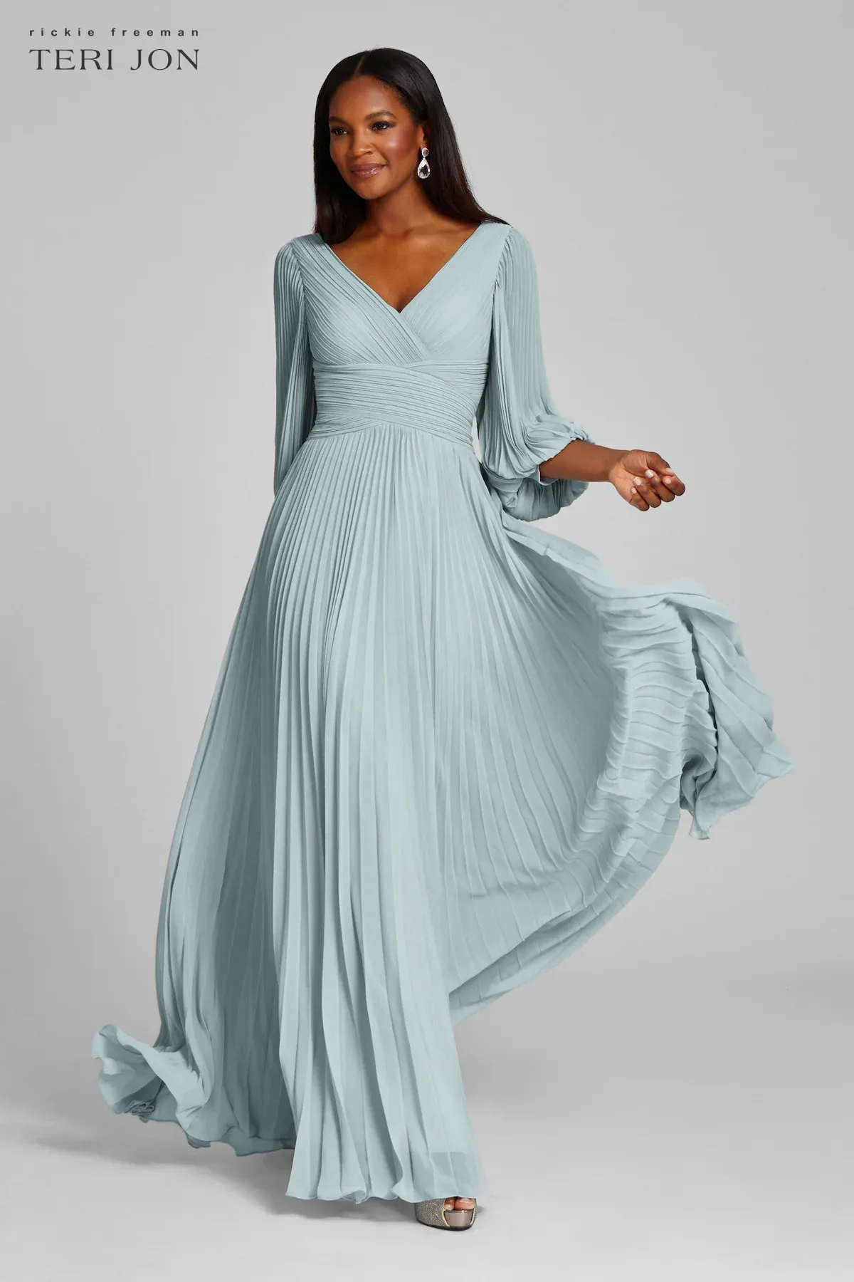 Teri Jon Pleated Chiffon Puff Sleeve Evening Dress 209098
