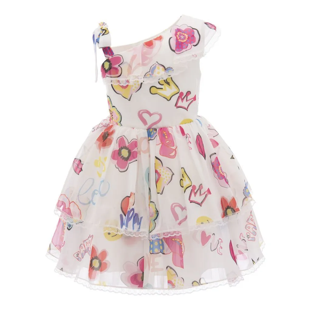 White Off Shoulder Pop Graphics Dress