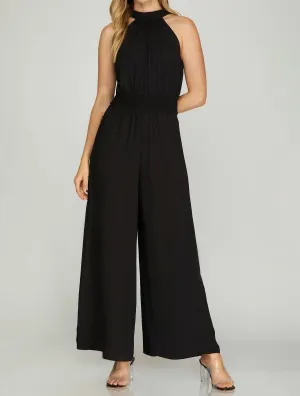 Wide Leg Smocked Waist Halter Jumpsuit In Black