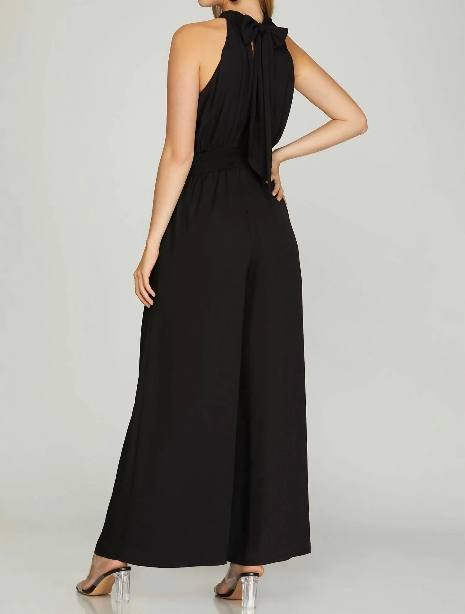 Wide Leg Smocked Waist Halter Jumpsuit In Black