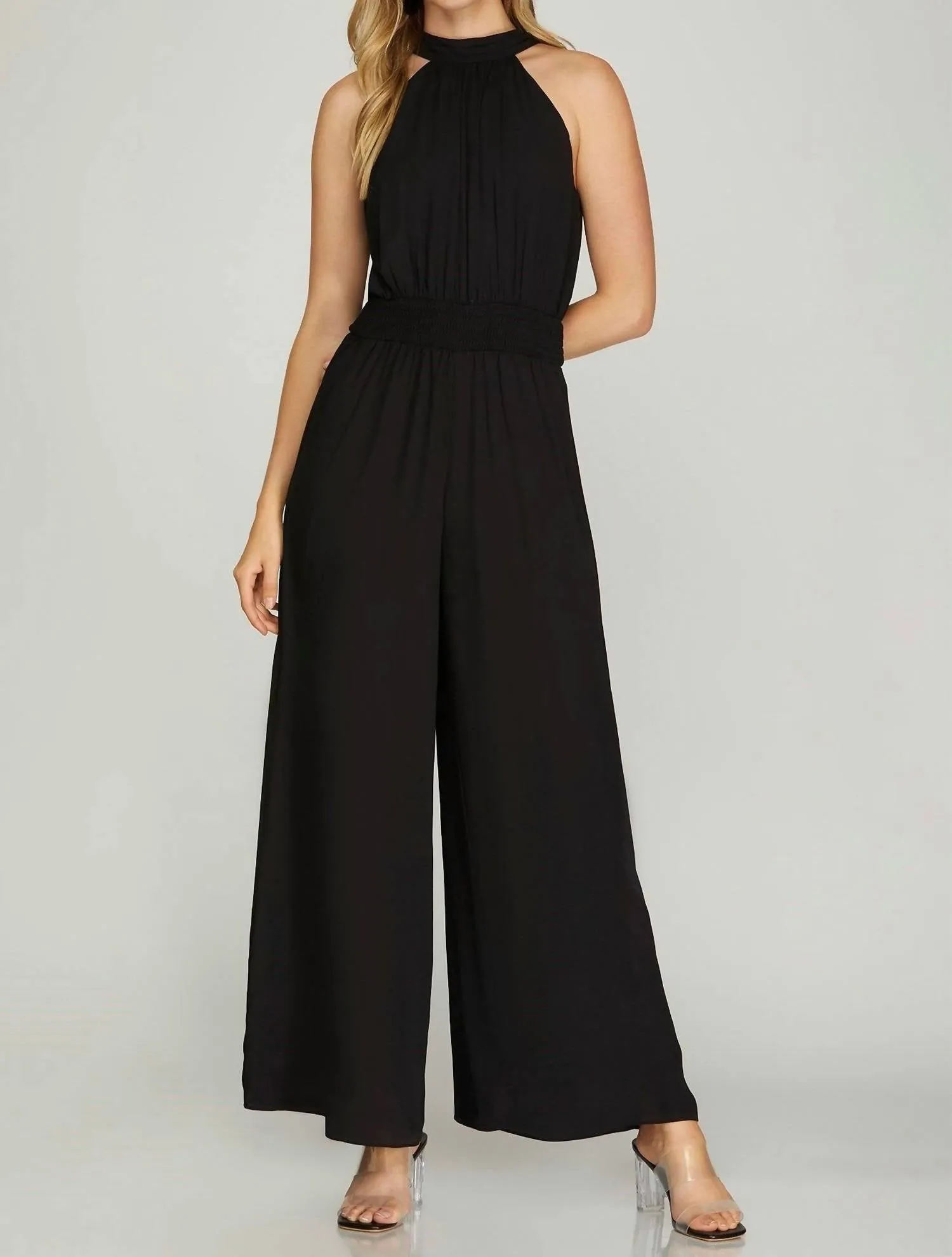 Wide Leg Smocked Waist Halter Jumpsuit In Black